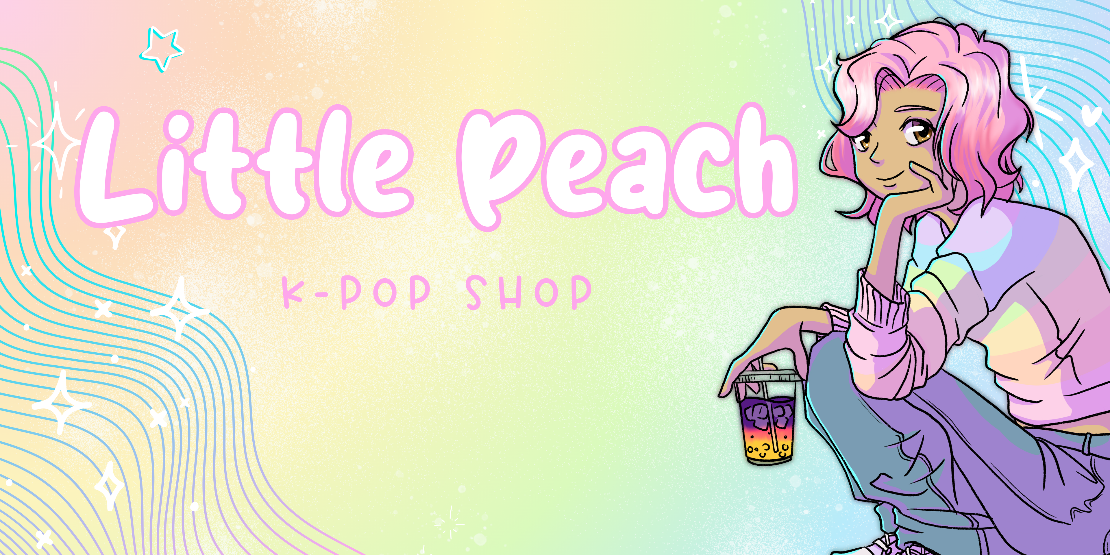 Cartoon character with pink hair and a colorful drink, sitting on a pastel background with 'Little Peach K-Pop Shop' text.